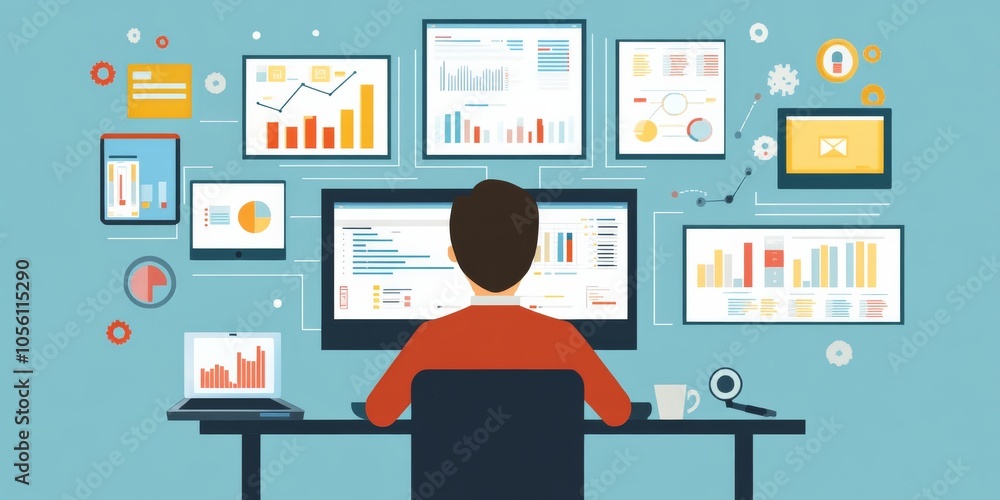 Aufkleber the businessman uses computer software to analyze data and manage information. this helps him make d
