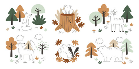 Obraz premium Hand drawn forest animals and plants landscape elements pastel color doodle set vector illustration