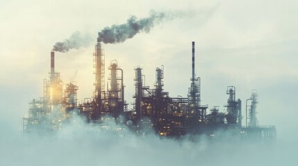 Obraz premium Industrial Complex Amidst Fog and Smoke