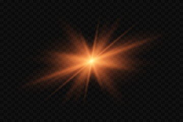 An orange star explodes. Light flashes of light. Bright light and flash. Effect of glare and light.Vector.