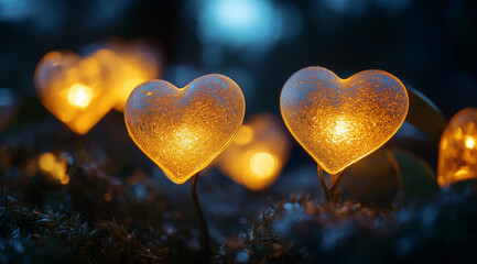 Fototapeta premium A blurry background of golden hearts, each glowing with soft light and casting gentle shadows on the surroundings. Valentine's Day concept.