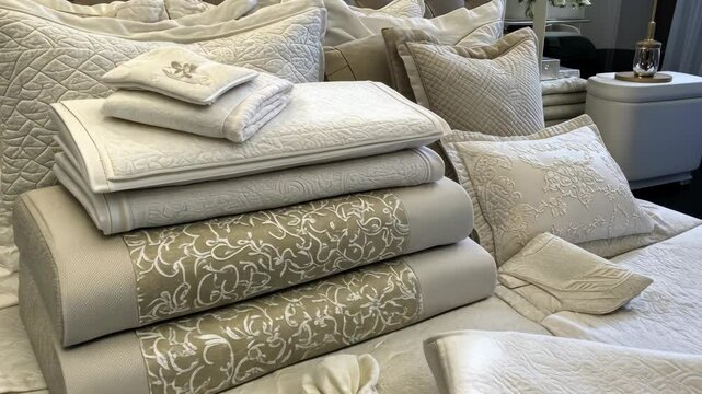 A stack of white and beige patterned pillows and bedding sits on a bed