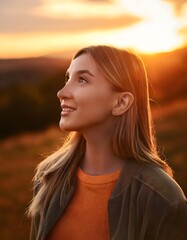 Young woman looking up at the sky at sunset