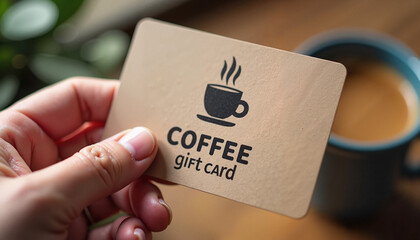 Coffee gift card held in hand with cup of coffee in background for beverage lovers