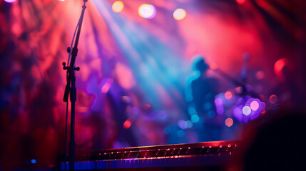 Blurred background light on rock concert with silhouette of musicians.