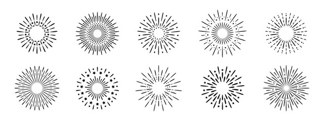 Obraz premium Vector fireworks set illustration for celebrations. Bright explosions and sparkles, perfect for Christmas, New Year, and festive events. Firecracker icon collection.