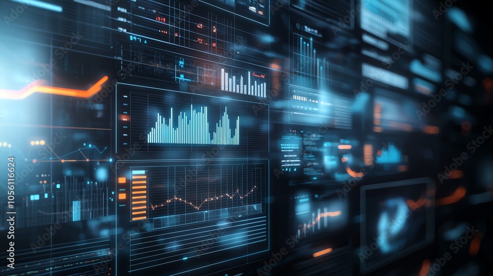 Aufkleber futuristic data visualization with interactive graphs and digital interface, ideal for tech and fina