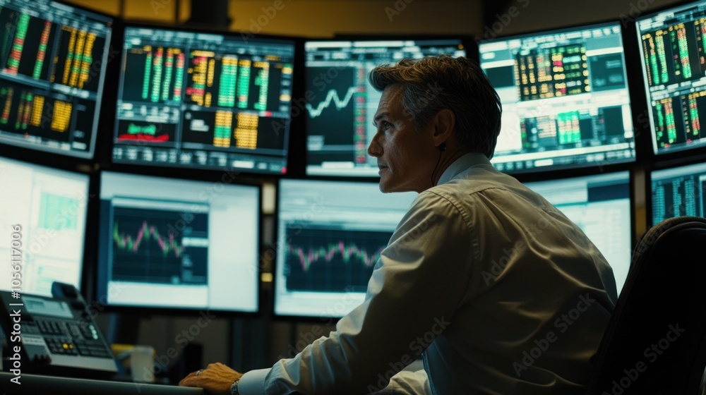 Poster a businessman sits in front of a wall of computer monitors displaying stock market data.
