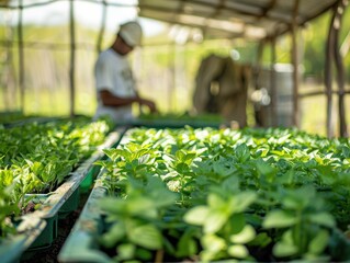 Vegetable Grower Tending to Plants in a Large Greenhouse