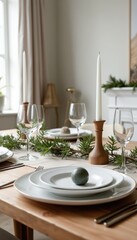 Fototapeta premium Minimalist holiday table setup with natural wood elements and neutral tones for an elegant understated festive atmosphere.