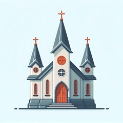 Obraz premium Flat, isolated illustration of a traditional church with a tall steeple and cross on top. Simple design with clean lines and neutral colors, ideal for religious or architectural themes.
