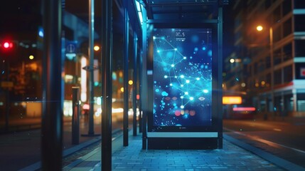 A billboard at a bus stop inviting commuters to play a trivia game where they can win free tickets to local attractions by connecting to the 5G network.