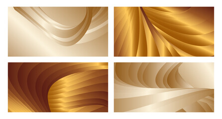 Wavy golden parallel gradient lines, ribbons, silk. Golden with shades of yellow background, banner, poster. Set of 4 backgrounds. Eps vector