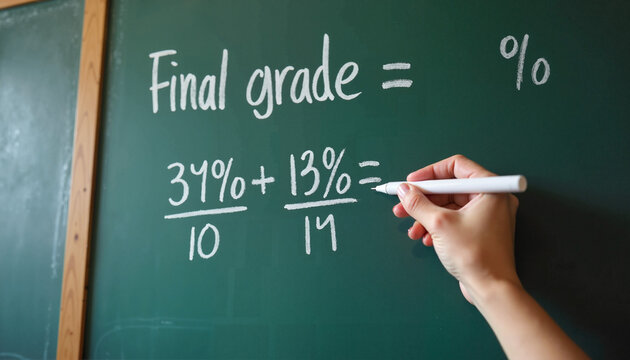 Hand writing mathematical calculation for final grade on chalkboard in classroom