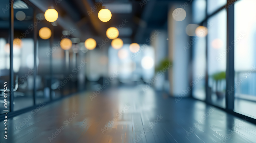 Aufkleber blurred empty open space office: abstract light bokeh at office interior background for design.