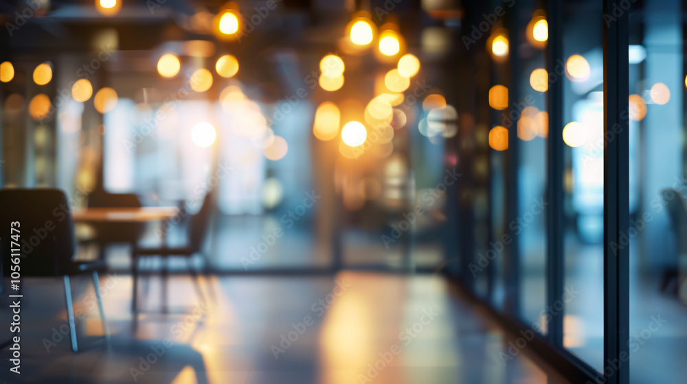 Poster blurred empty open space office: abstract light bokeh at office interior background for design.