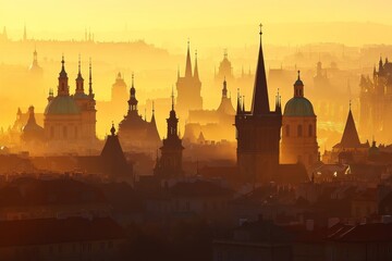 Naklejka premium Stunning prague cityscape at sunrise with historic church spires in golden light