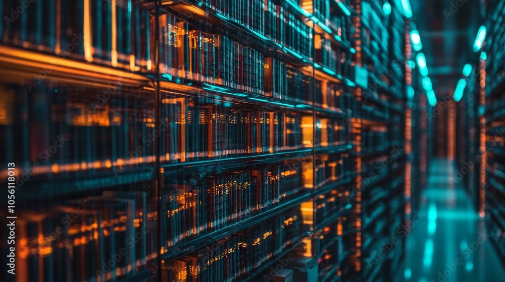 Aufkleber modern data archive with glowing neon lights and rows of servers
