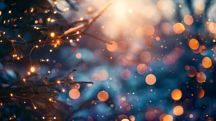 Blurred lights shining amongst tree branches background.