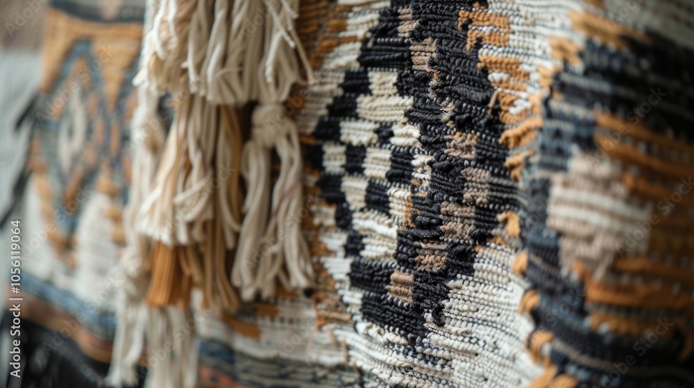 Poster woven rug hangs, displaying intricate details and textures of the fringe and fibers. the neutral col