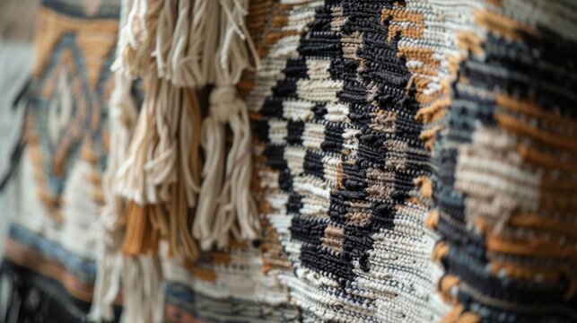 Woven rug hangs, displaying intricate details and textures of the fringe and fibers. The neutral color palette adds a touch of rustic charm and warmth