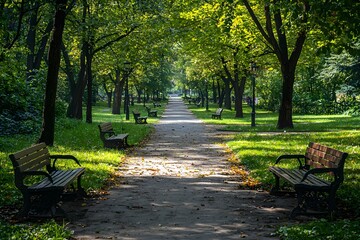 Quiet park path lined with benches under green trees on a sunny day
