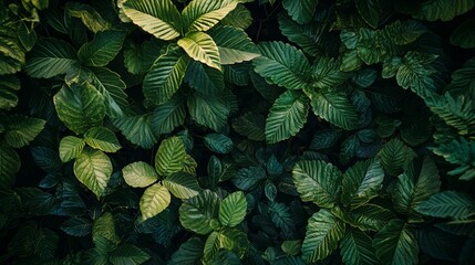 Green tropical leaves in dense natural foliage