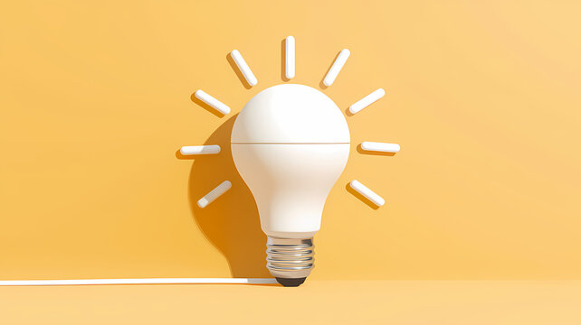 White Light Bulb on Bright Yellow Background &ndash; Minimalist Bright Idea Concept in Pastel Colors | 3D Render