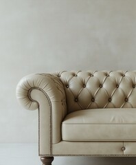 Obraz premium A vintage beige leather sofa with tufted design against a neutral backdrop