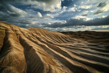 Stunning landscape of rolling striped hills beneath a partly cloudy sky with earthy tones