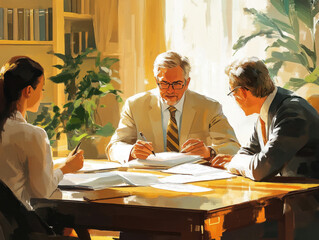 A business meeting scene featuring three professionals engaged in discussion around a wooden table, with sunlight illuminating the room.