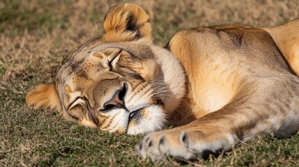 A close-up of a lioness sleeping peacefully on the grass.
