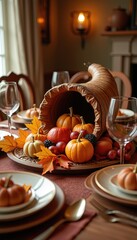 Obraz premium Thanksgiving feast table with a cornucopia centerpiece autumnal fruits and golden leaves celebrating the harvest season.