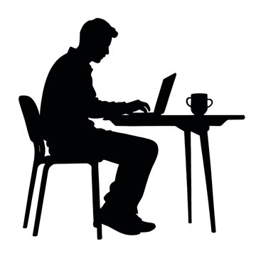 recommend clip art: a man browsing laptop sitting on the chair in front of table, vector silhouette