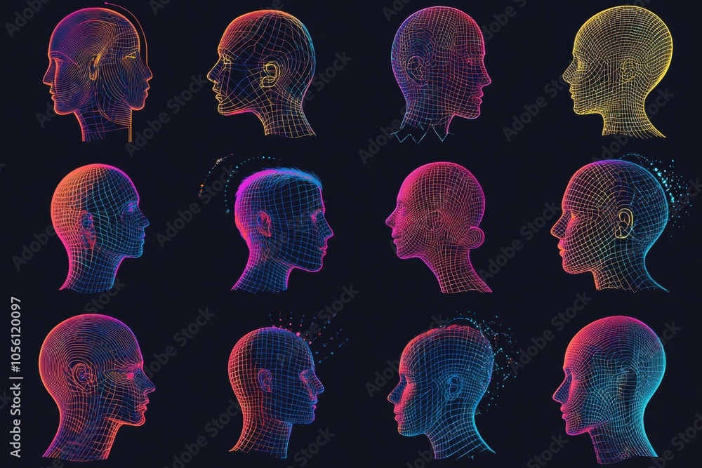 Poster thin line icon set featuring abstract digital human head and spiral grid design elements