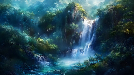 Obraz premium An Adventurous Hike Leading to a Hidden Cascade, Where the Power of Nature Unfolds Amidst Vibrant Greenery and Echoing Waters