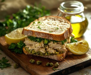 Freshly made chicken sandwich with pesto, lemon, and herbs on cutting board