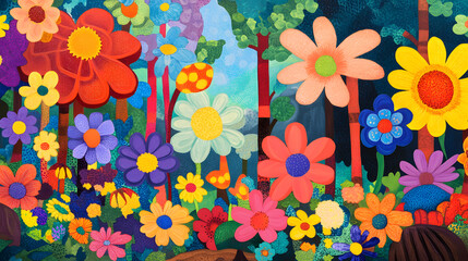 A Whimsical Forest of Bright Colors and Playful Creatures in a Fantasy Wonderland