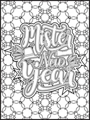 Happy New Year Quote Coloring Page for Adults. New Year Mandala Quote Coloring Page.