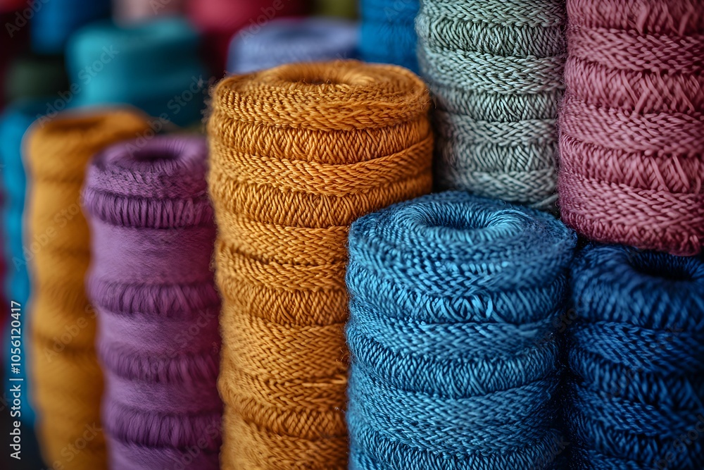 Poster colorful spools of thread stacked neatly in a craft store display