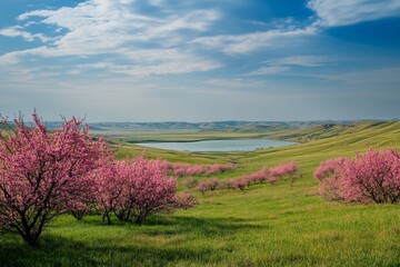 Stunning spring landscape featuring blue skies, white clouds, lake, and blooming peach trees