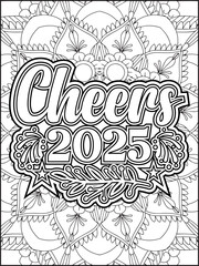 Happy New Year Quote Coloring Page for Adults. New Year Mandala Quote Coloring Page.