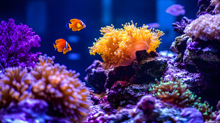 Obraz premium A Vibrant Underwater World Radiating Colorful Hues and Glowing Corals, Teeming with Diverse Marine Life