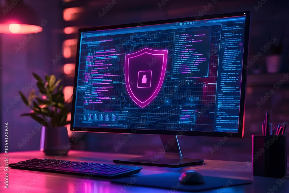 Poster modern computer with cyber security interface at night
