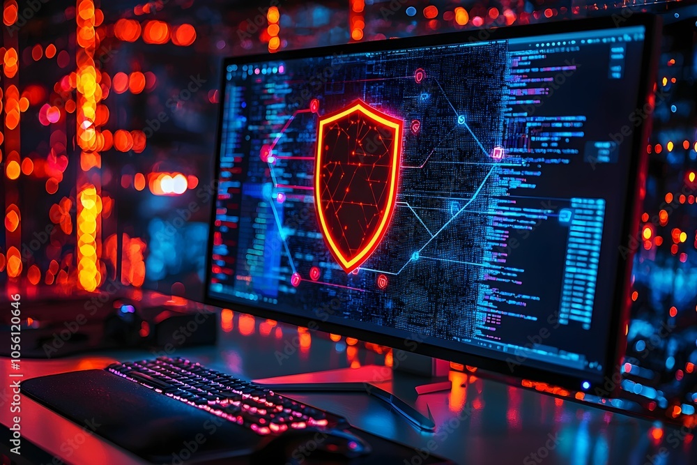 Poster cybersecurity interface with shield symbol in a tech environment