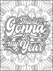Happy New Year Quote Coloring Page for Adults. New Year Mandala Quote Coloring Page.