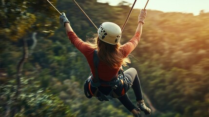 Woman Ziplining Through Lush Forest