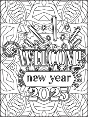 Happy New Year Quote Coloring Page for Adults. New Year Mandala Quote Coloring Page.