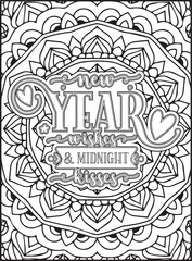 Happy New Year Quote Coloring Page for Adults. New Year Mandala Quote Coloring Page.