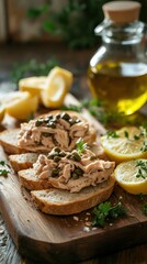 Delicious tuna salad served on fresh bread with lemon and herbs